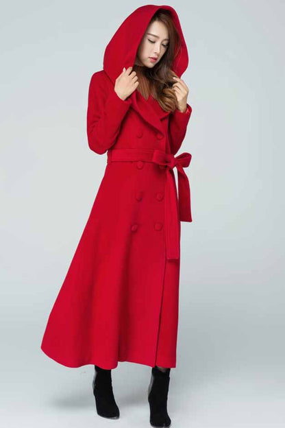 Red Wool Long Trench Coat - Hooded Double Breasted with Tie Belt 1602