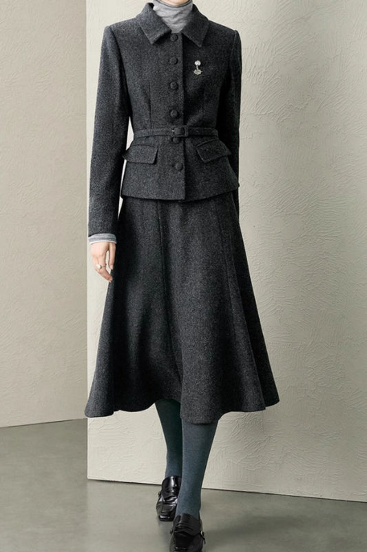 Vintage Wool Two Piece Set – Charcoal Gray Belted Jacket and A-line Midi Skirt 6604