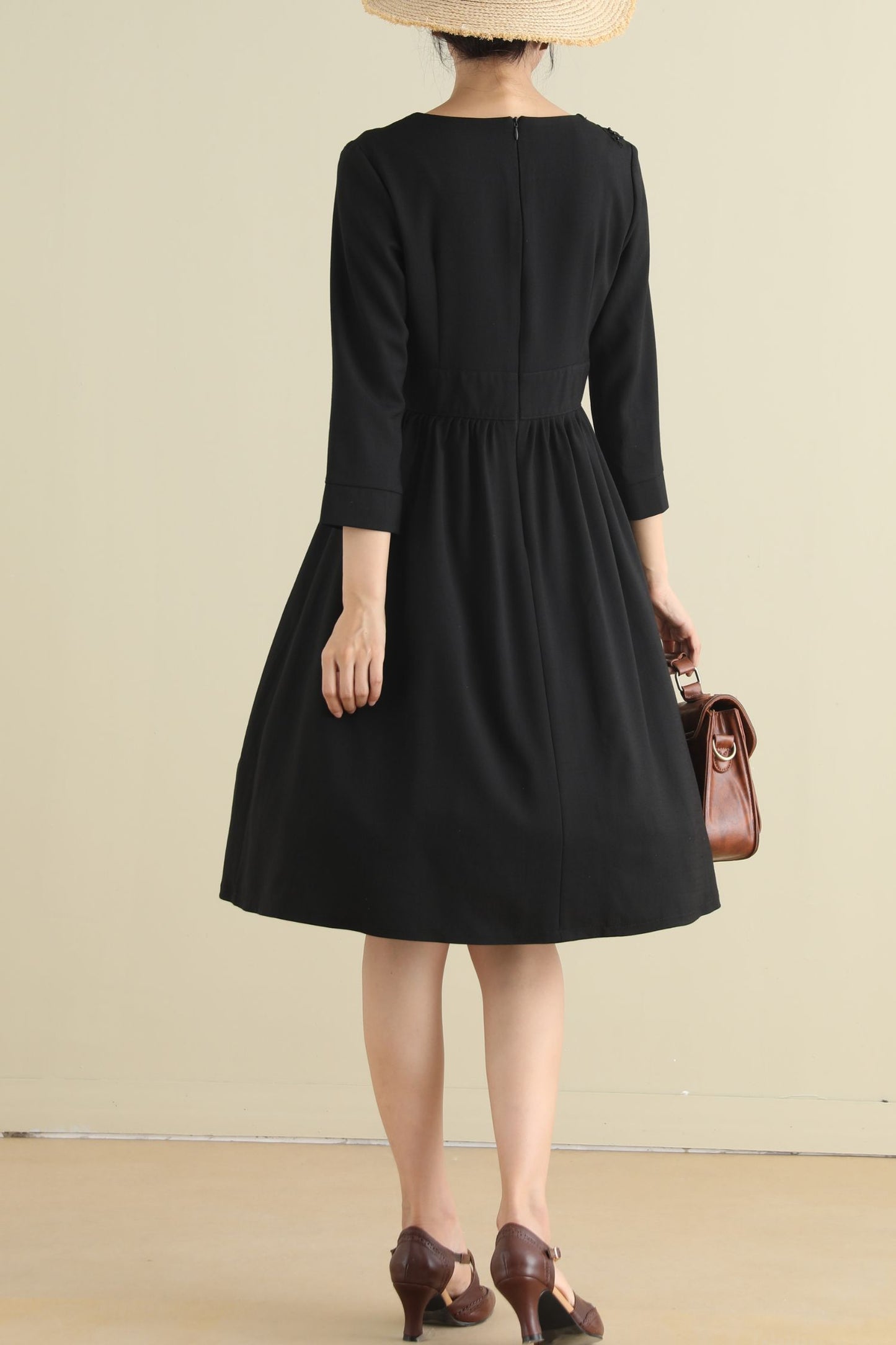 Vintage inspired little black linen dress women 2794