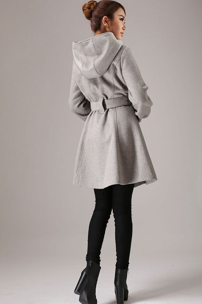 Gray Wool Coat with Lantern Sleeves - Hooded, Self Tie Belt Waist 759