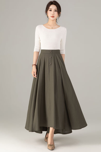 Olive Green Linen Cotton Maxi Skirt - Button-Up A-Line | Xiaolizi 5702