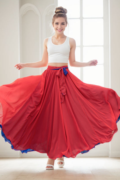 Red Chiffon Ankle-Length Skirt - Elastic Waist with Belt 5108