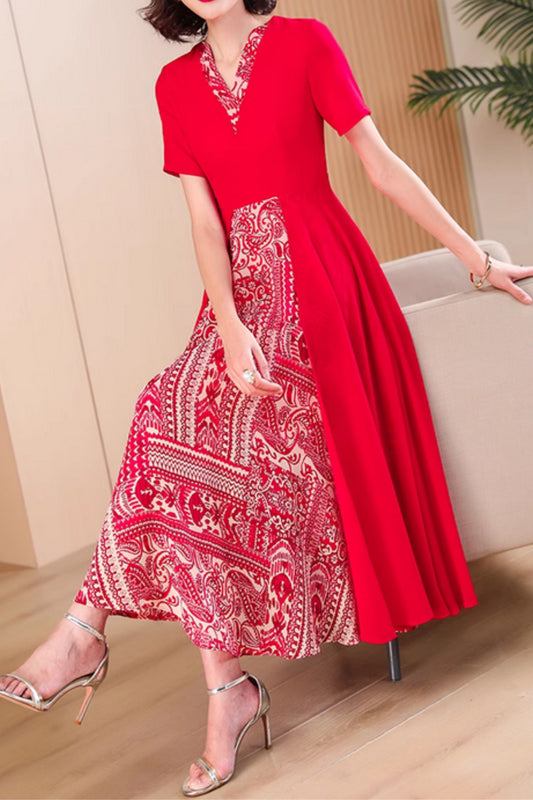 Red midi patchwork summer chiffon dress 5046