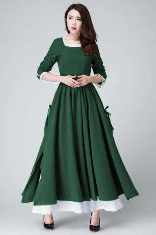 Xiaolizi Linen Maxi Dress – Vintage Green Fit and Flare Dress with chiffon hem 6317