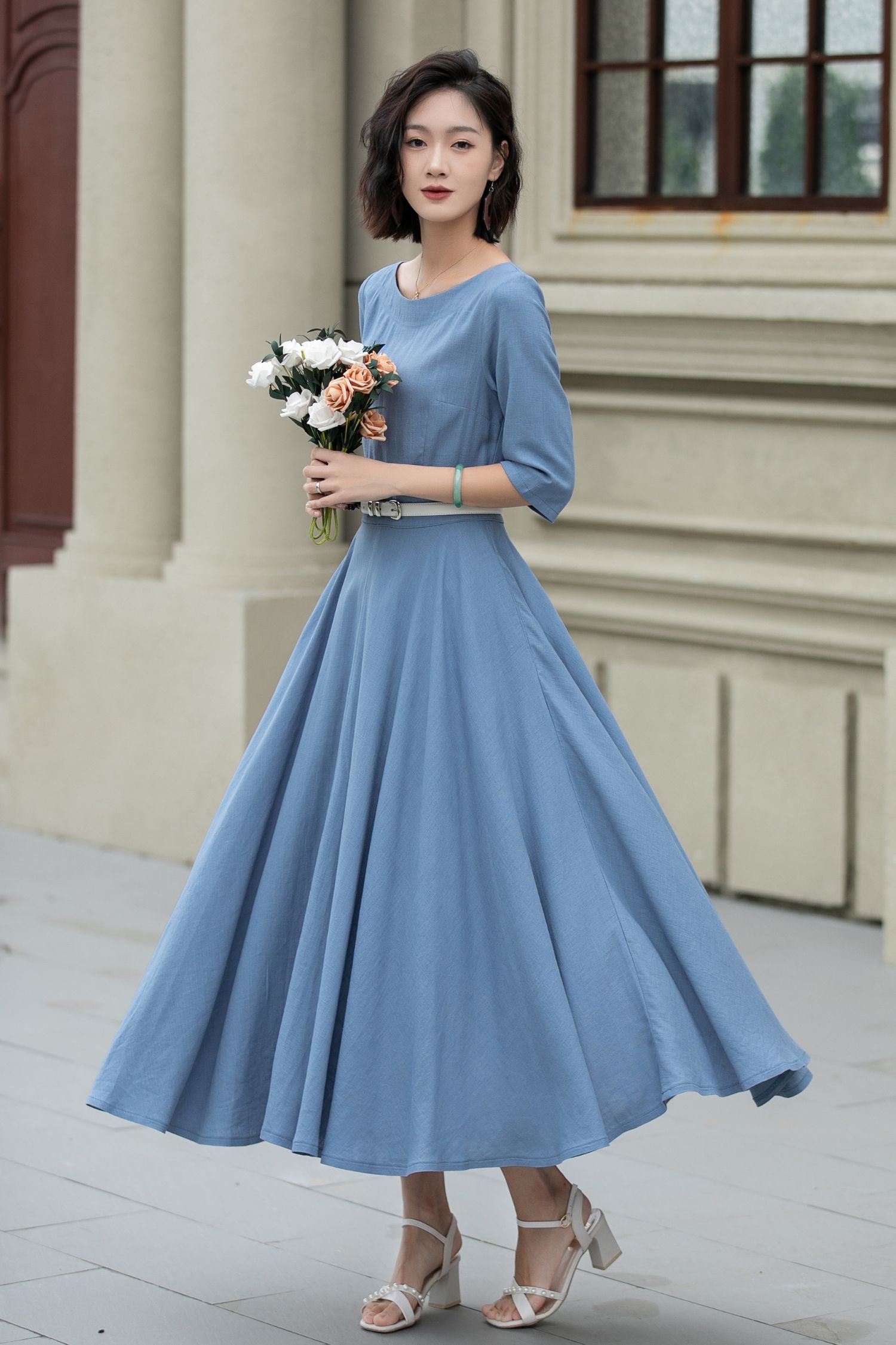 Light Blue Linen Midi Dress – Handmade Fit & Flare for Garden Parties & Weddings
