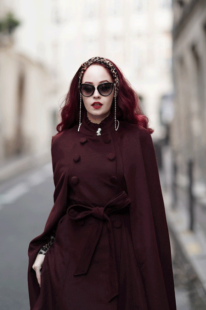 Burgundy Wool Cape Coat – Handmade Vintage Stand Collar Cloak with Belt 4728