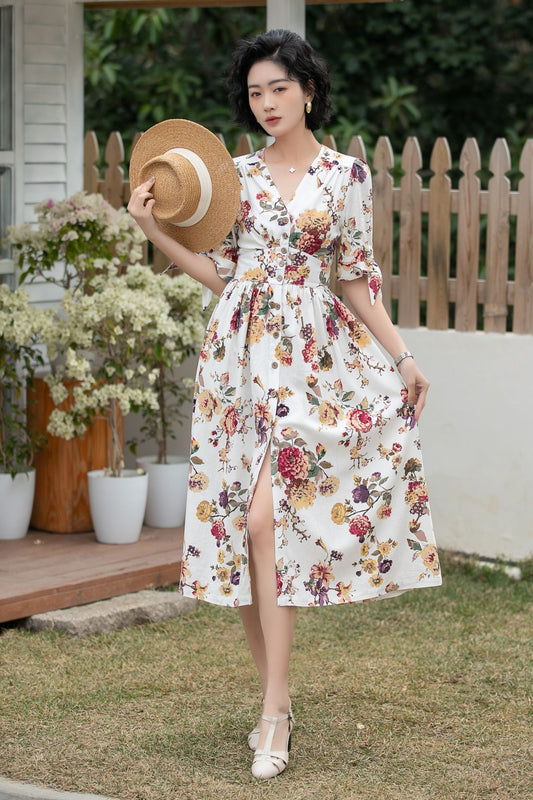 Xiaolizi Floral Linen Midi Dress – Vintage V Neck A-Line 6699