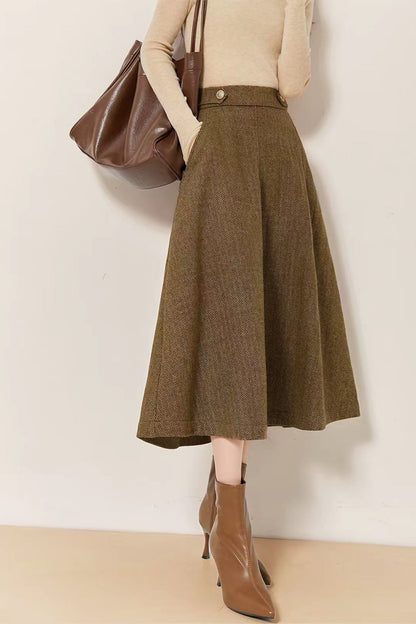 Khaki Midi Wool Blend Midi Skirt - Women A-Line Skirt Winter 7023
