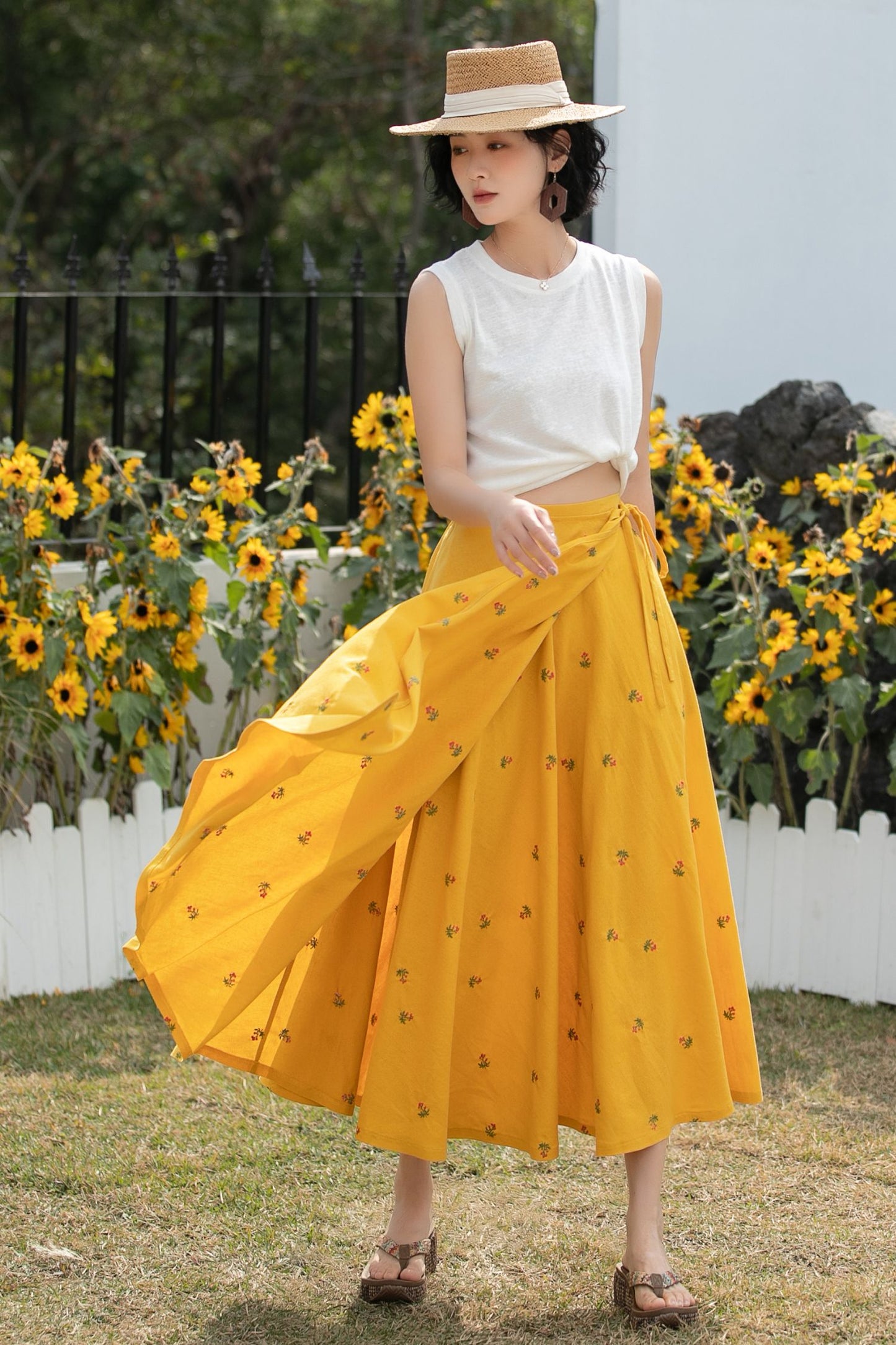Xiaolizi Linen Wrap Midi Skirt – Mustard Yellow Floral A-Line Summer Skirt 6688