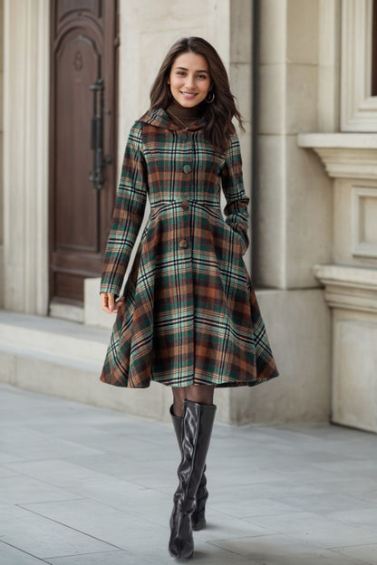 Plaid Wool Coat Midi Dress - Hooded Fit and Flare Winter Outerwear 4784