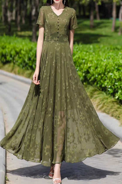 Olive Chiffon Maxi Dress - Fit and Flare Silhouette with V-Neckline 5085