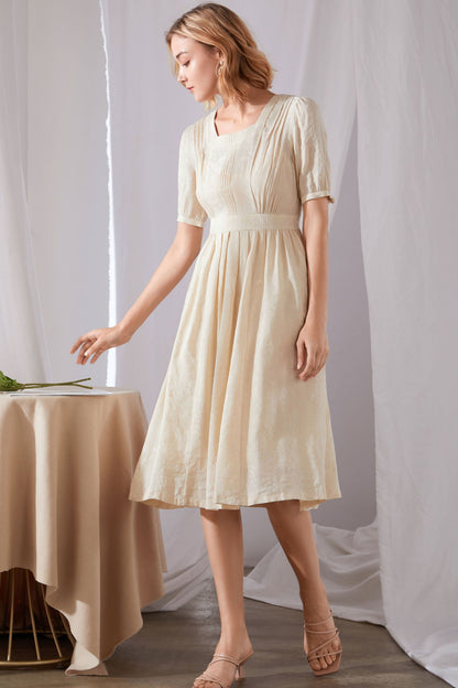 Beige Linen Midi Dress - Pleated Swing with Puff Sleeves 3461