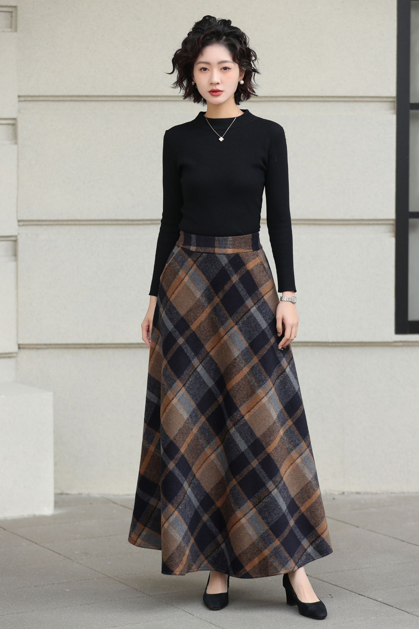 Xiaolizi Plaid Wool Maxi Skirt for Women – Handmade A-Line Winter Full-Length Skirt 6605