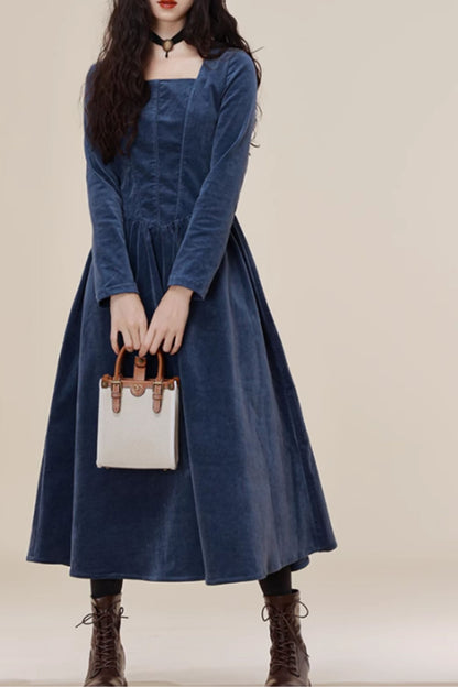 Blue Corduroy Midi Dress - Square Neckline, Long Sleeves 4809