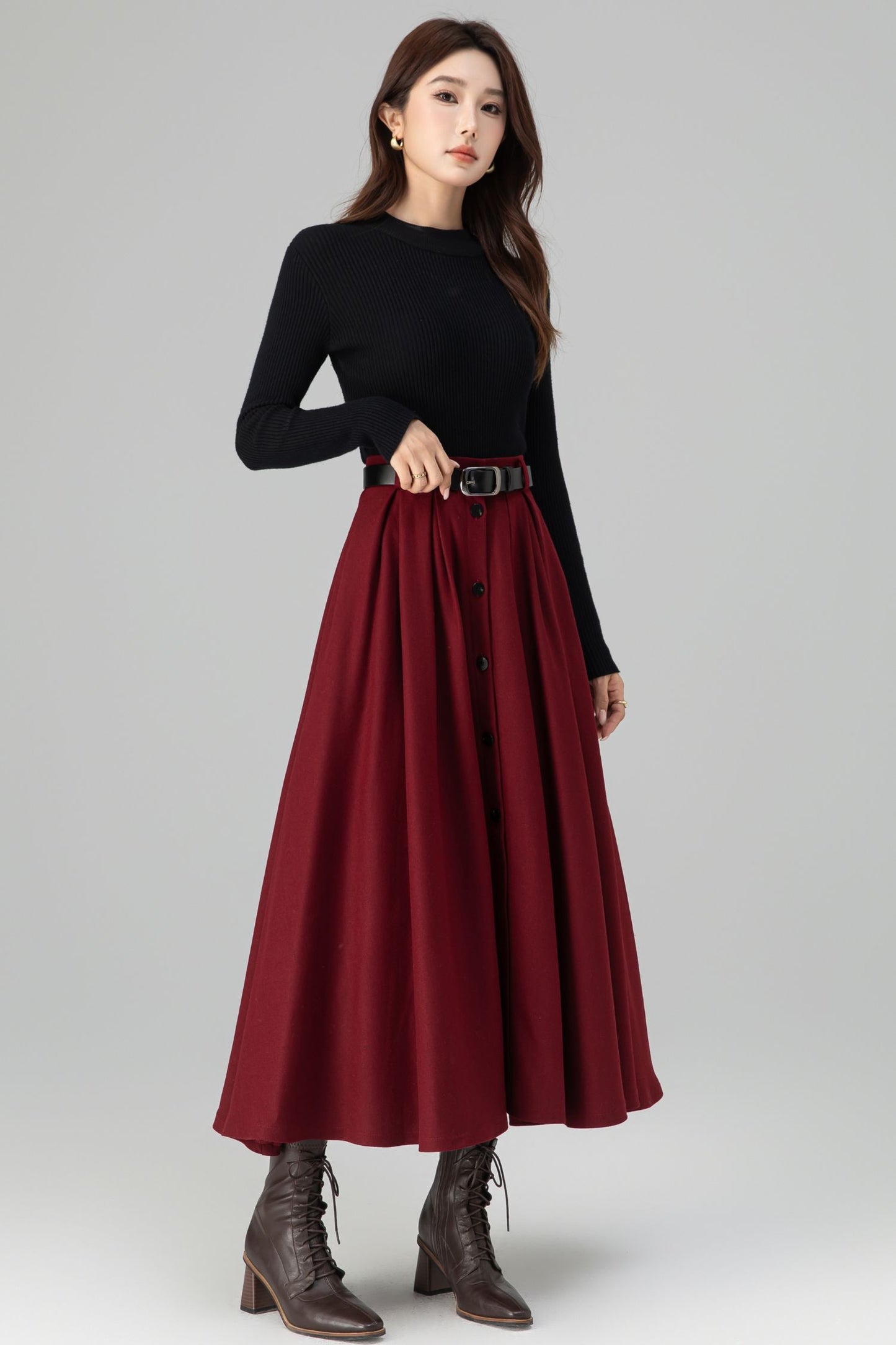 Burgundy Wool Midi Skirt – Vintage Button Front High Waisted Winter Skirt with Pockets 6395