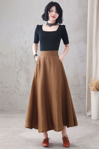 Brown Linen Maxi Skirt - High Waist A-Line with Pockets 3286