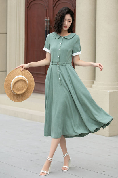 Green Linen Cotton Midi Dress – Vintage Belted Summer Shirt Dress 5148