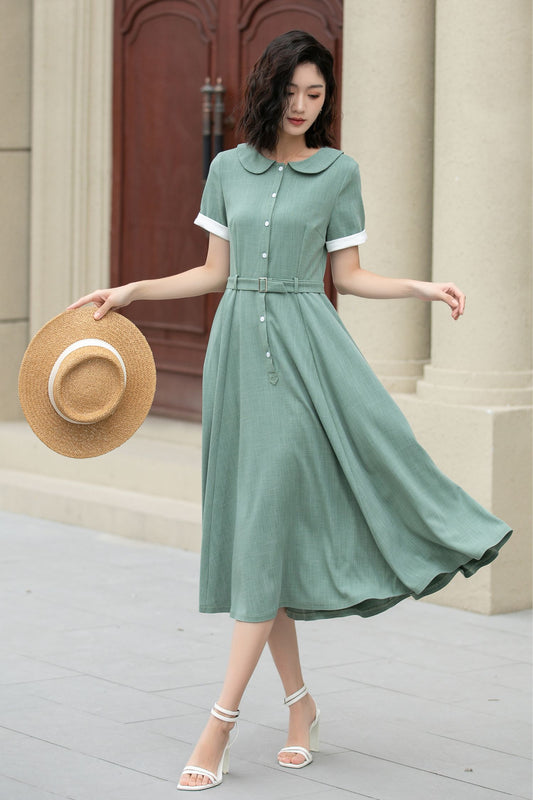 Green midi swing linen shirt dress 5148