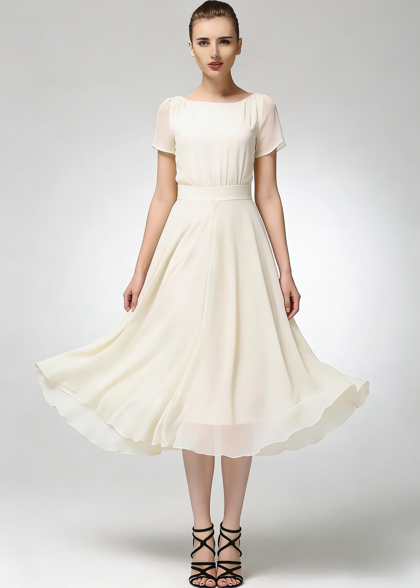 Beige Chiffon Midi Dress with Short Sleeves and Flowing Skirt | Xiaolizi 6782