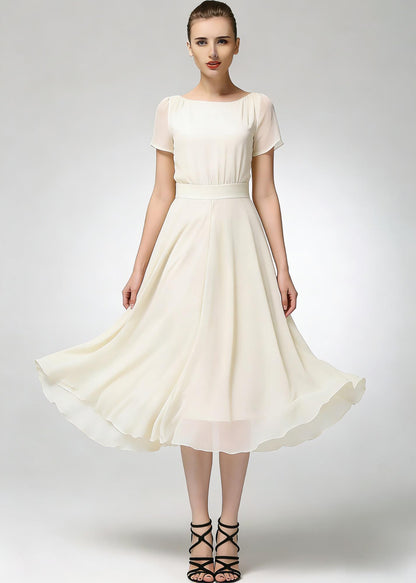 Beige Chiffon Midi Dress with Short Sleeves and Flowing Skirt | Xiaolizi 6782