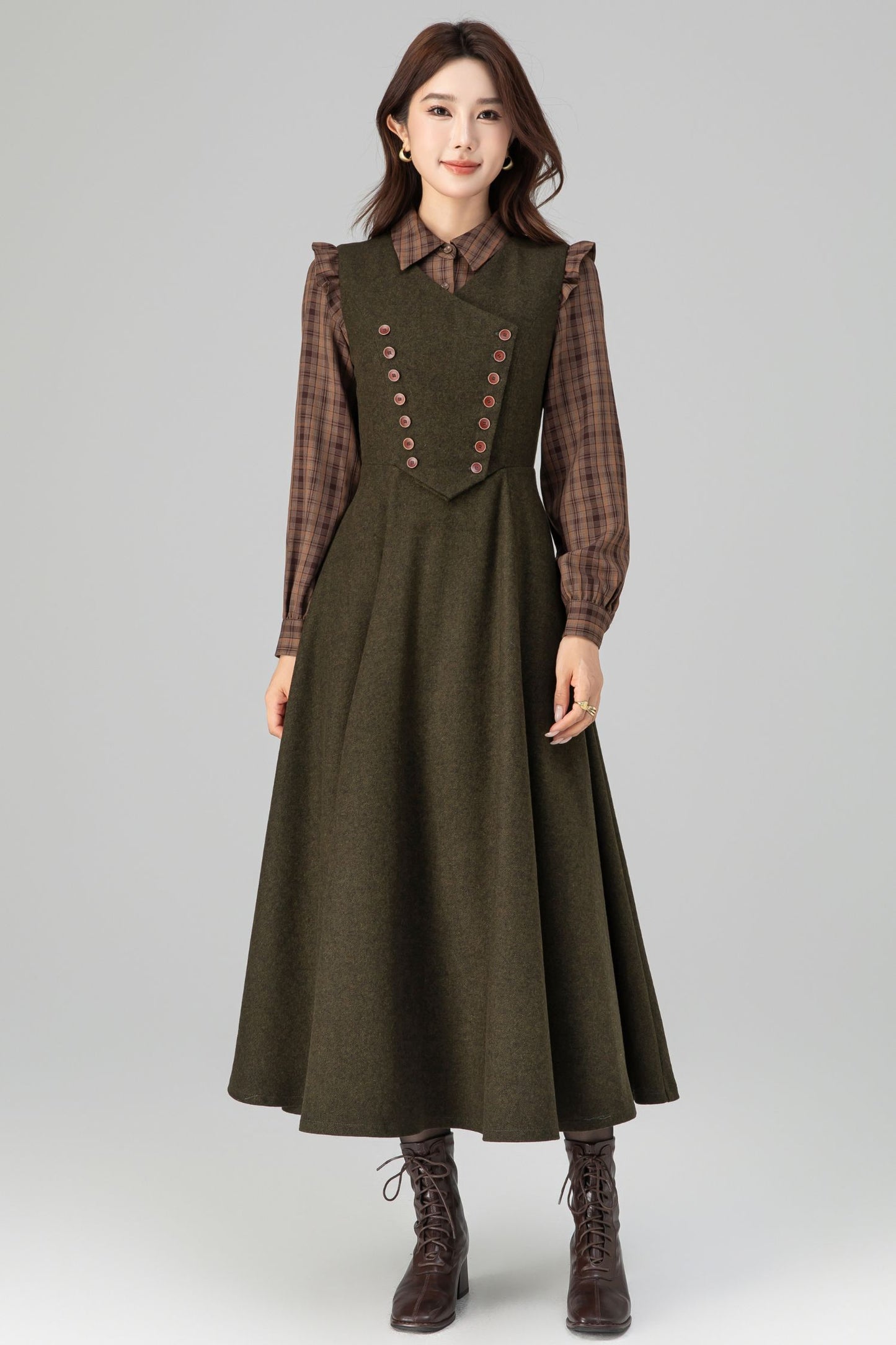 Army Green Wool Pinafore Dress – Vintage Sleeveless Long Winter Dress with Pockets 6394