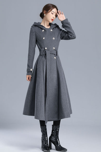 Gray Wool Coat Midi with Hood - Double Breasted Military Style 3213