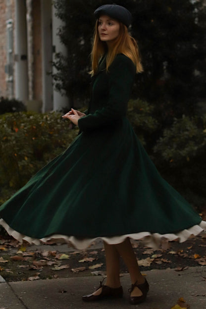 Vintage Forest Green Wool Coat – Double-Breasted Fit & Flare Winter Maxi Overcoat 3227