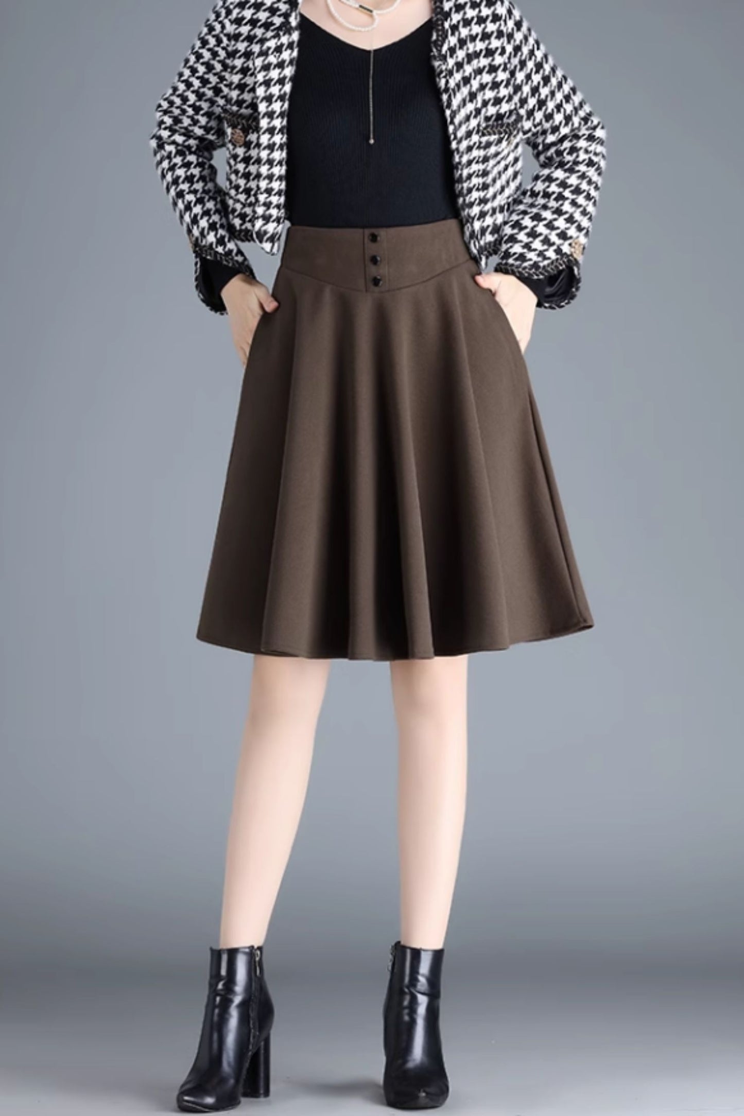 Brown Wool A-Line Skirt - High Waist Winter Style 6135