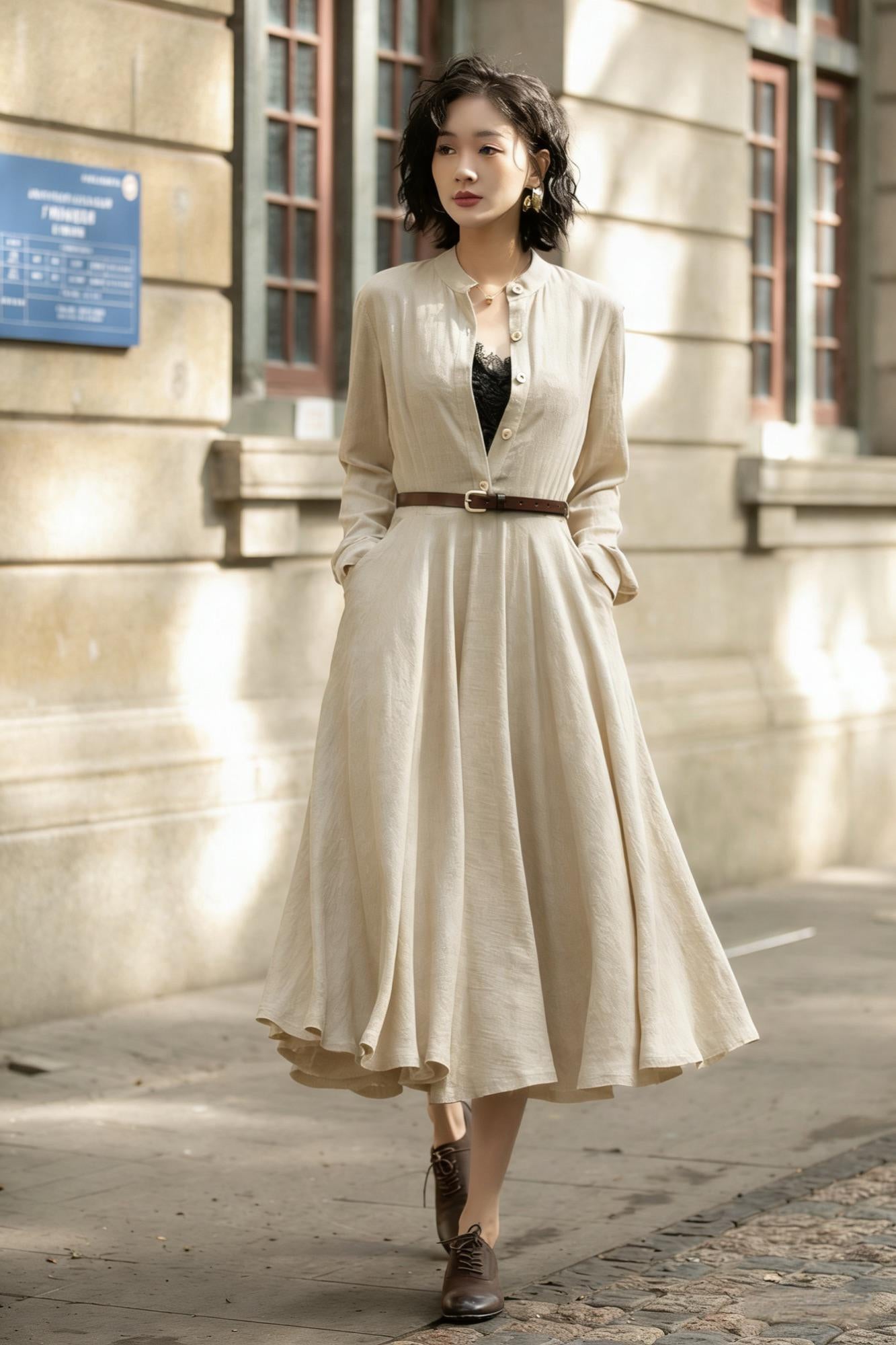 Beige Linen Cotton Midi Dress - Button Front Swing | Xiaolizi 6773