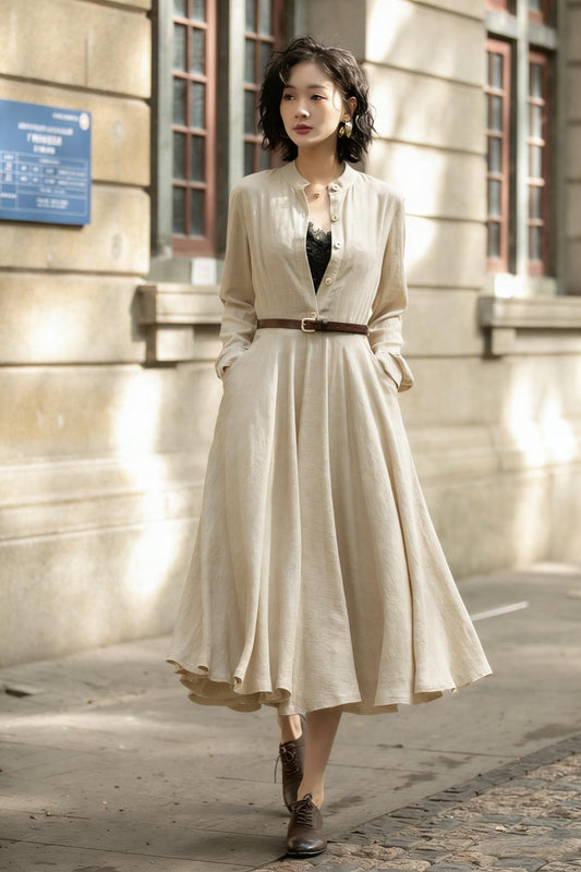 Beige Linen Cotton Midi Dress - Button Front Swing | Xiaolizi 6773