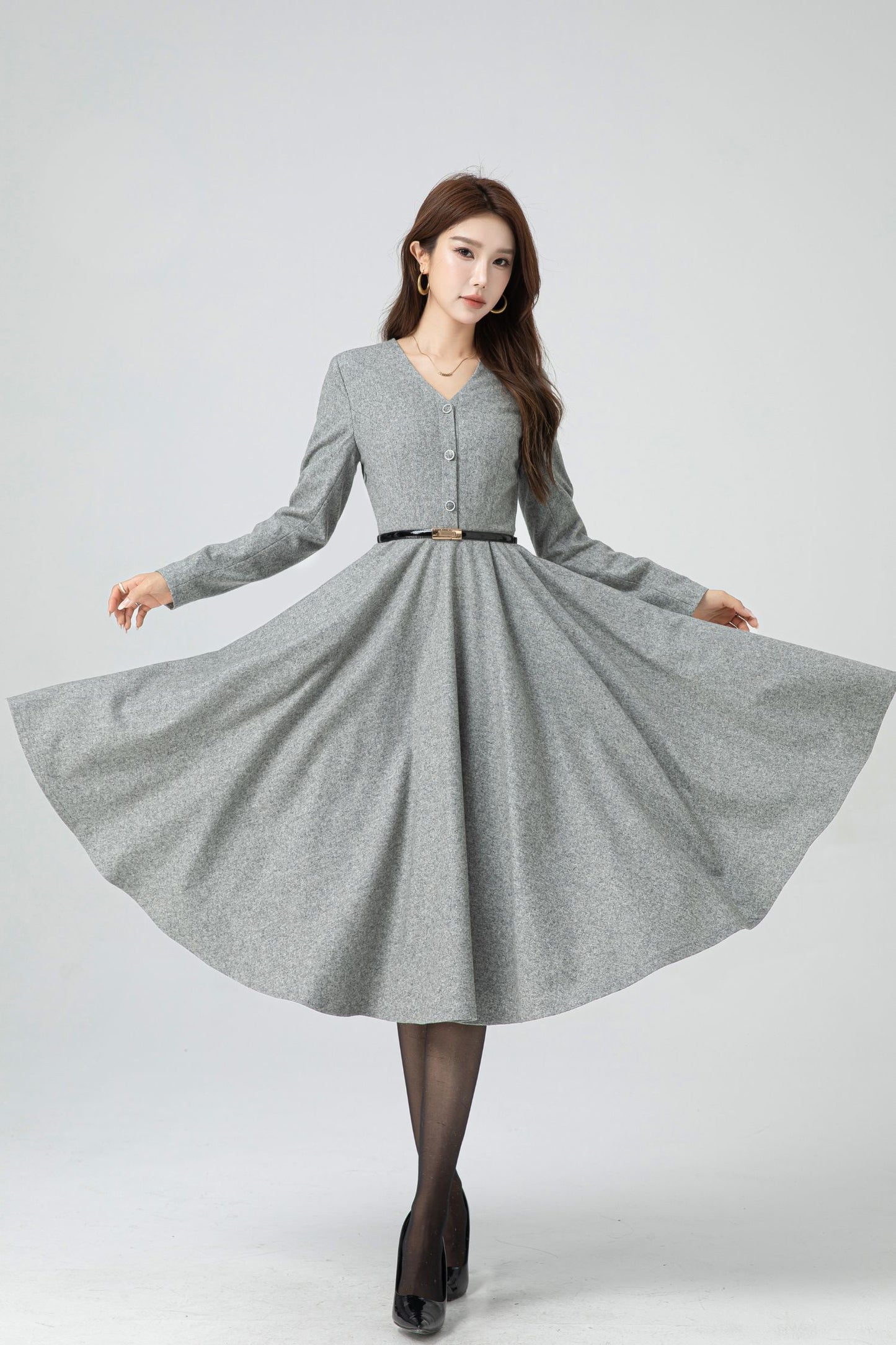 Gray midi wool dress for women 5304