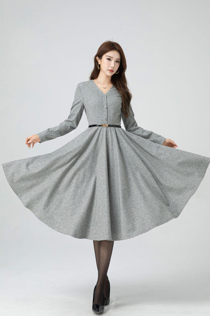 Gray Wool Midi Dress - Fit and Flare V-Neck Swing Silhouette 5304