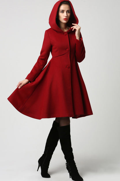 Dark Red Hooded Wool Coat – Vintage Fit and Flare Winter Overcoat 1117
