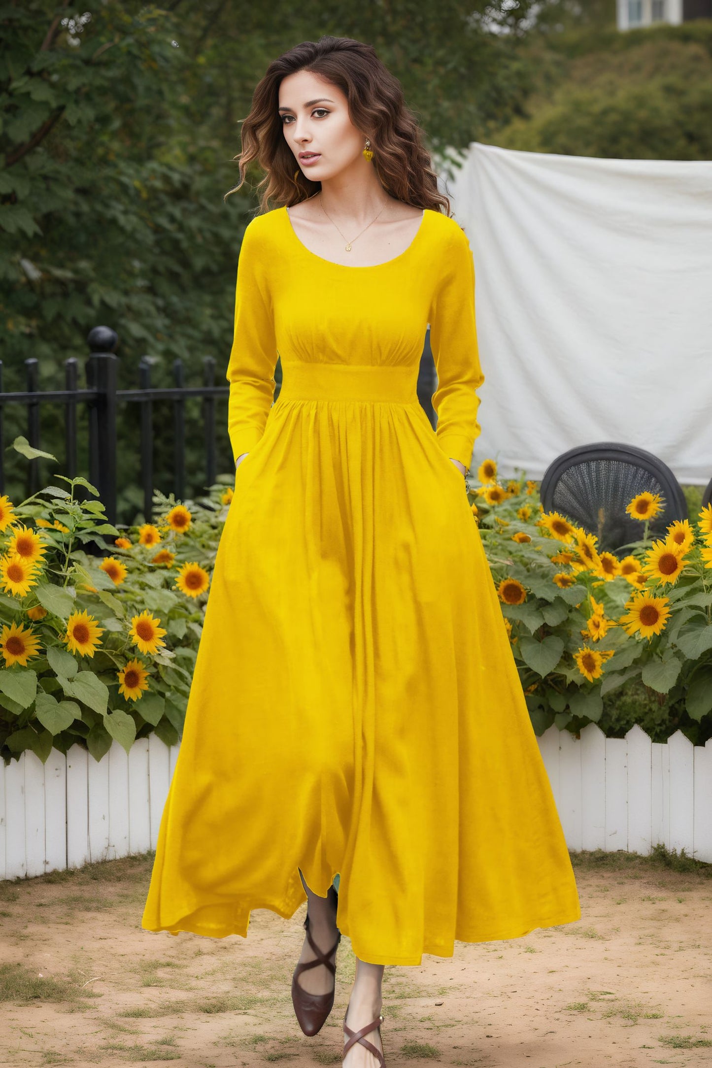 Yellow Linen Blend Dress - Long Sleeve Ankle | Xiaolizi 6719