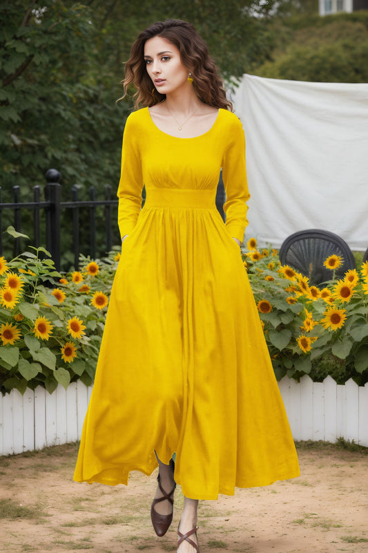 Yellow Linen Blend Dress - Long Sleeve Ankle | Xiaolizi 6719