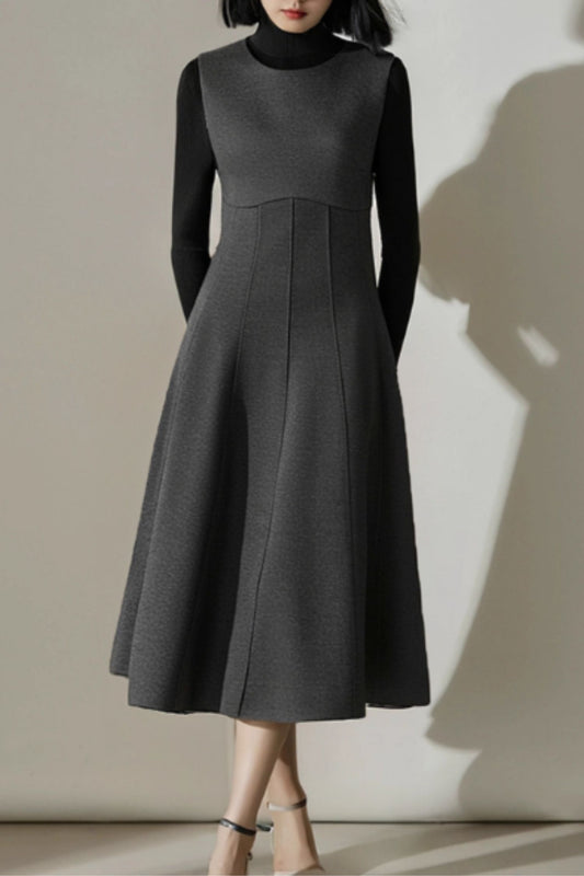 Sleeveless long gray wool dress women 6363