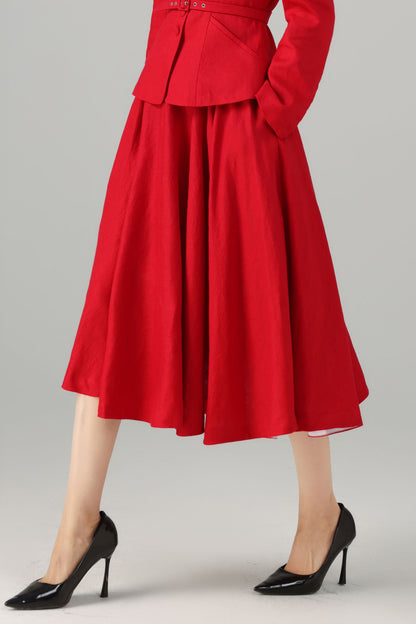 Red Linen Midi Skirt - High Waist Circle Swing Pockets | Xiaolizi 5760