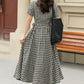 Black and white summer plaid linen wrap dress 4948