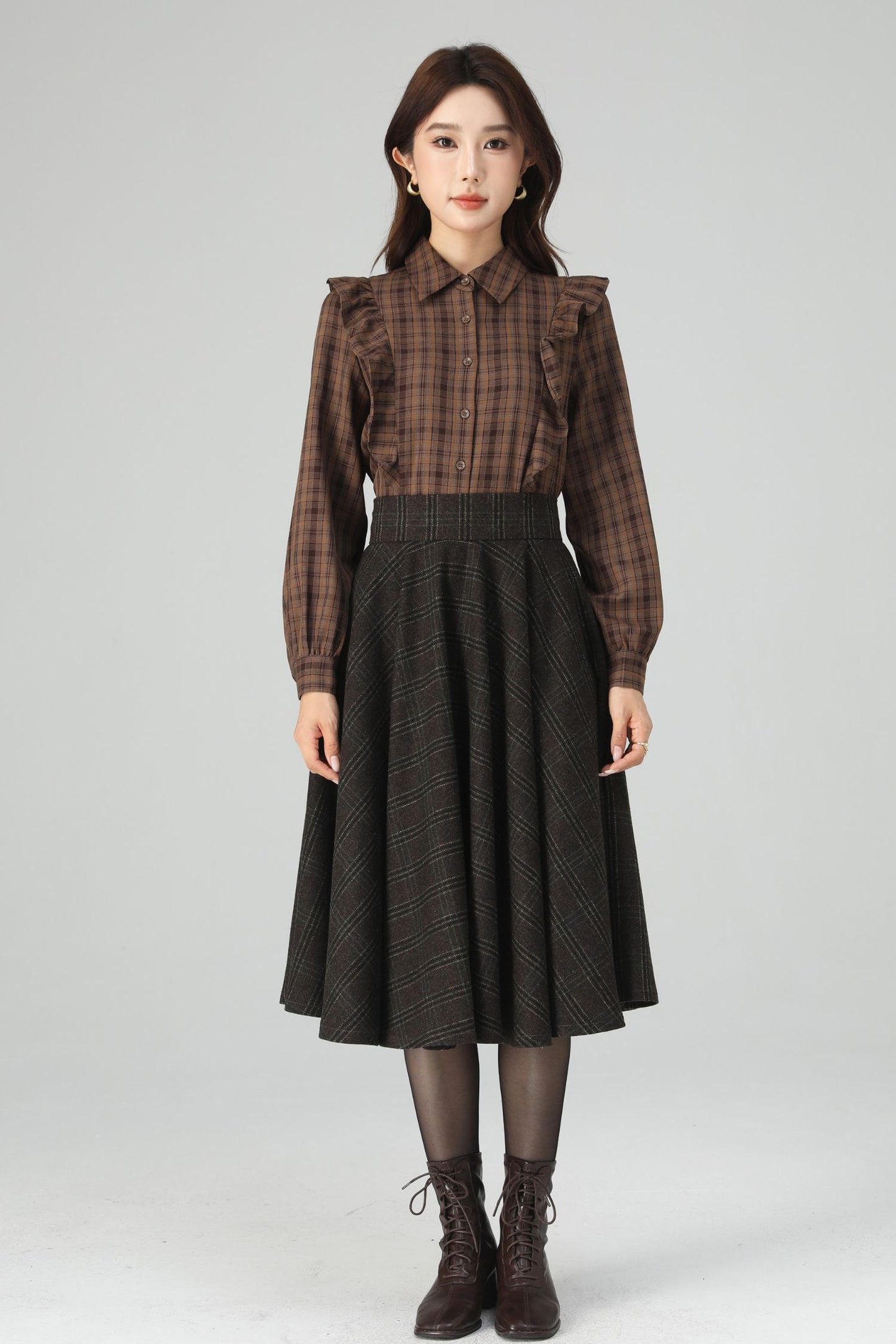 Brown Polyester Plaid Shirt - Relaxed Fit with Scalloped Details 6399