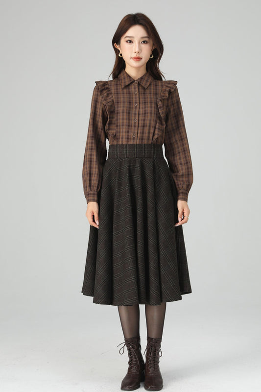 Brown Polyester Plaid Shirt - Relaxed Fit with Scalloped Details 6399