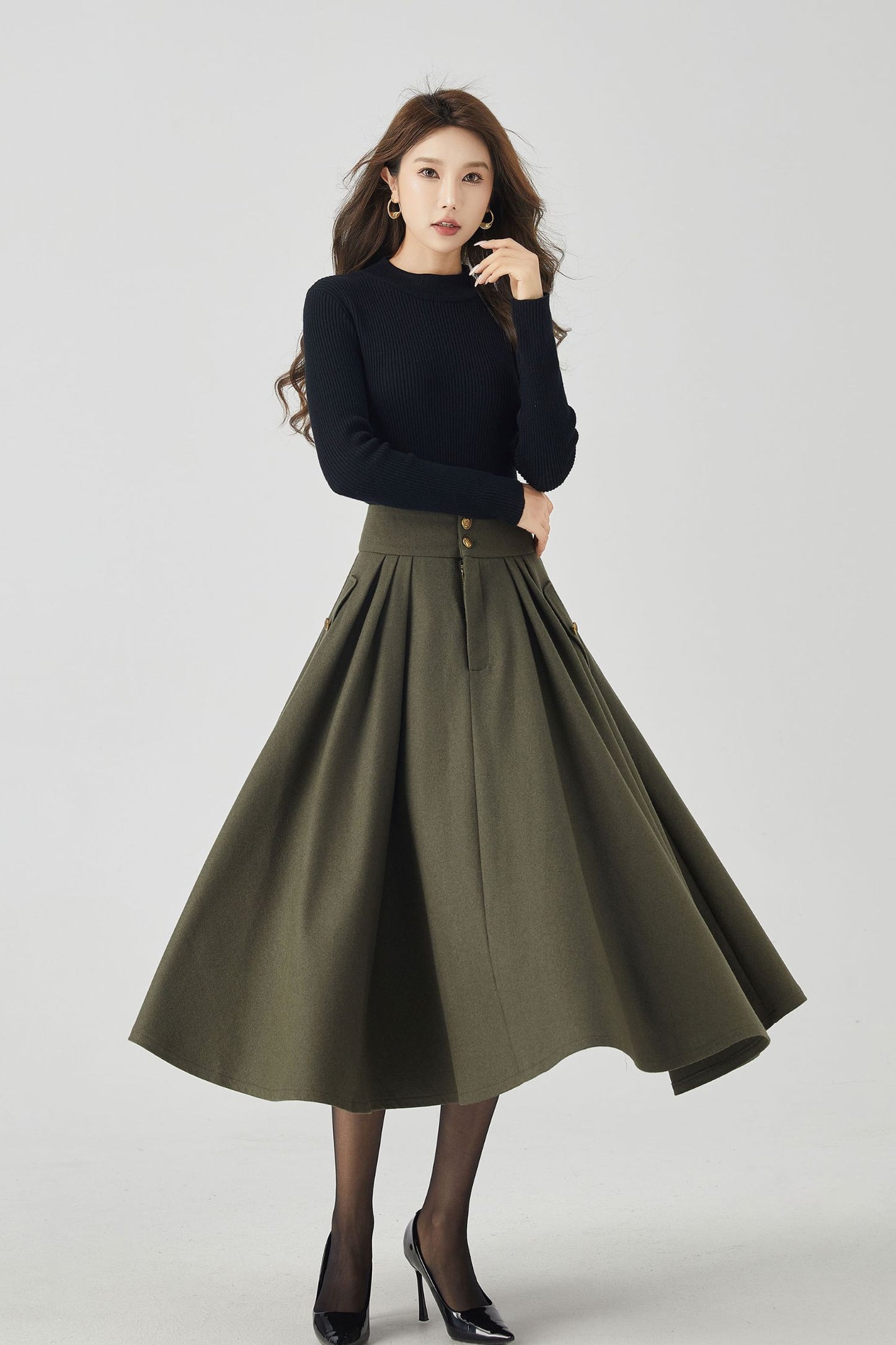 Army green swing winter wool skirt 5249