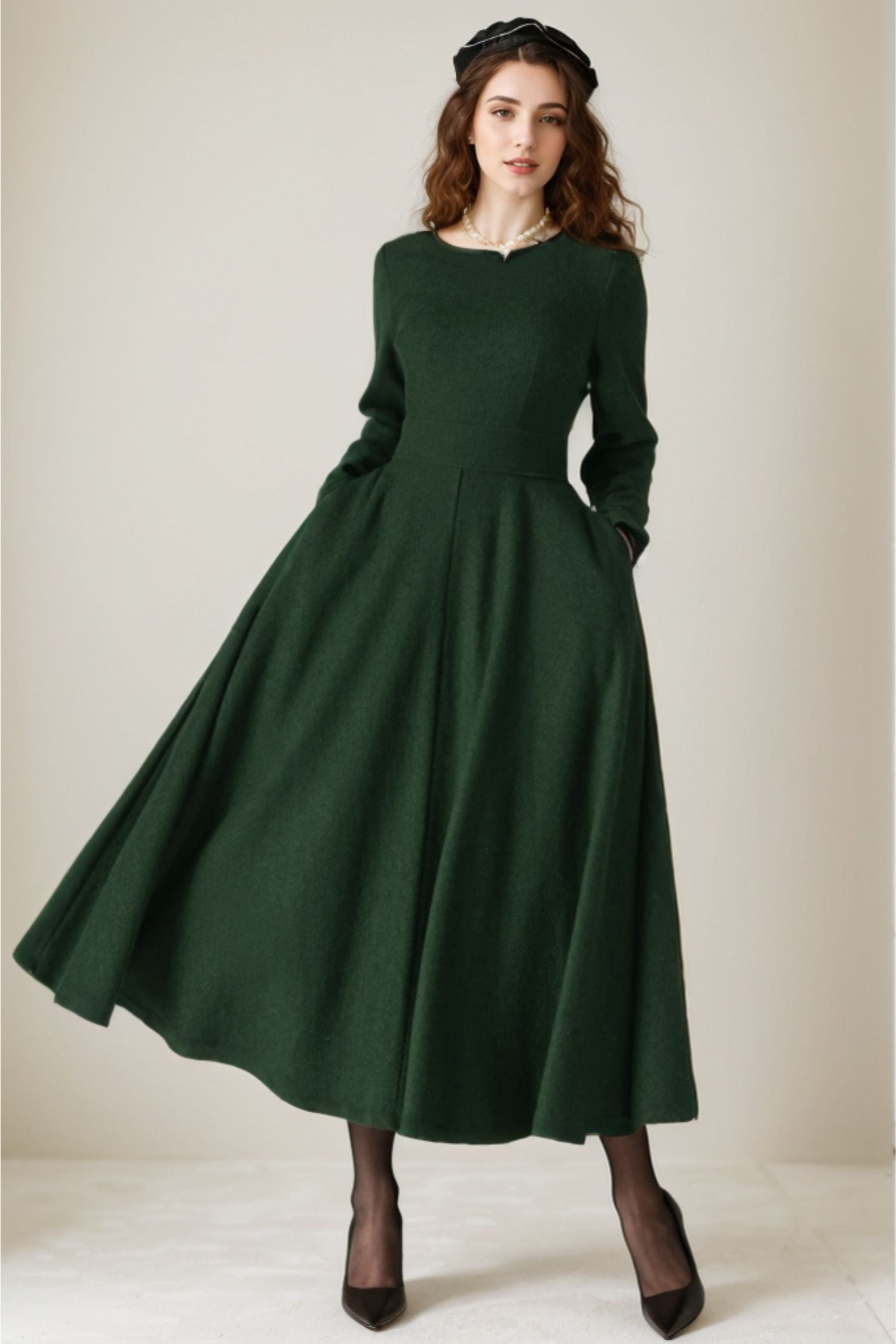 Dark Green Wool Dress Handmade Winter Maxi with Pockets | Xiaolizi Navy / S Dark Green Wool Dress Handmade Winter Maxi with Pockets | Xiaolizi Navy / S