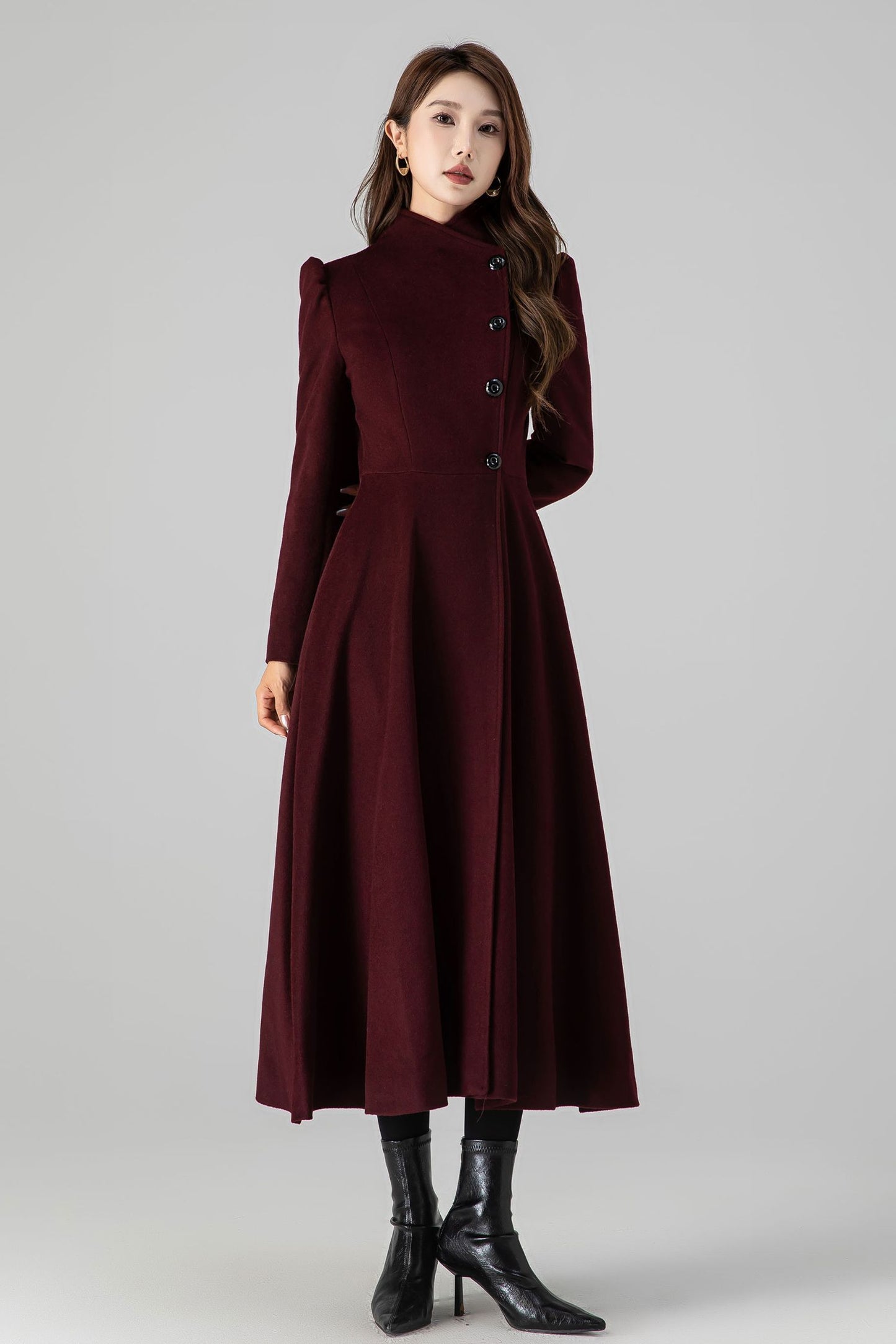 Burgundy A-Line Long Wool Coat 4511