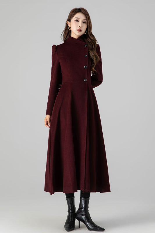 Handmade Burgundy Wool Long Coat – Elegant High Neck Fit & Flare Winter Overcoat 4511