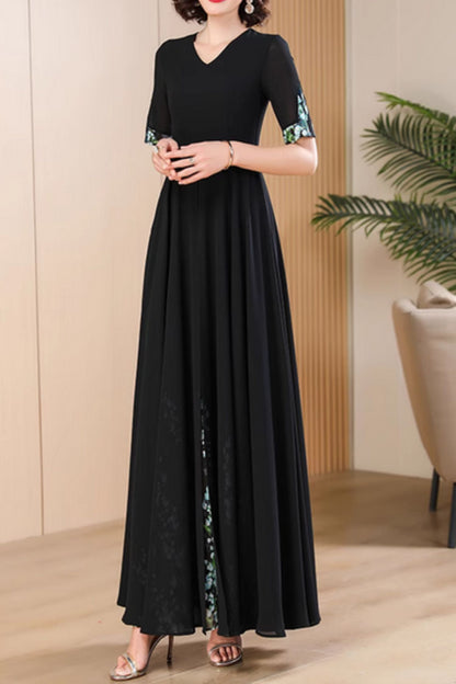 Black Chiffon Maxi Dress - Patchwork Detail with V-Neck 5012