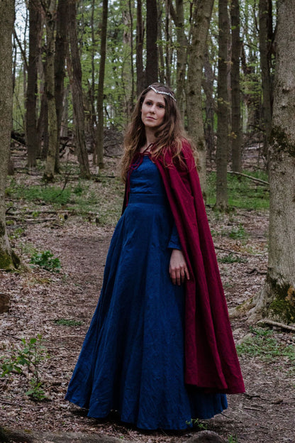 Blue Linen Maxi Dress - Fitted Waist with Pockets 3501