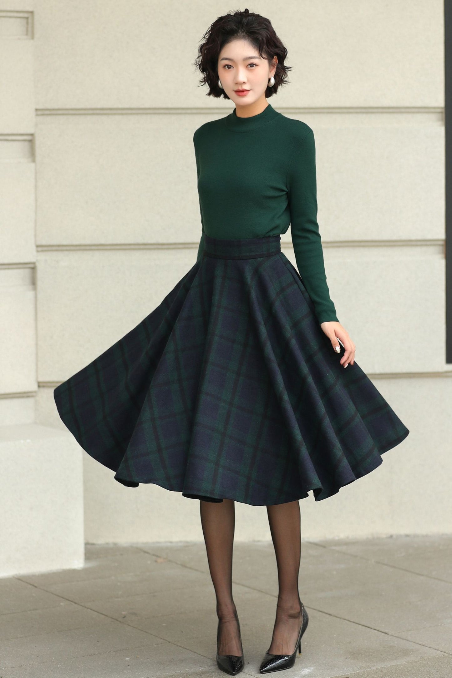 Knee length plaid winter wool skirt 6511