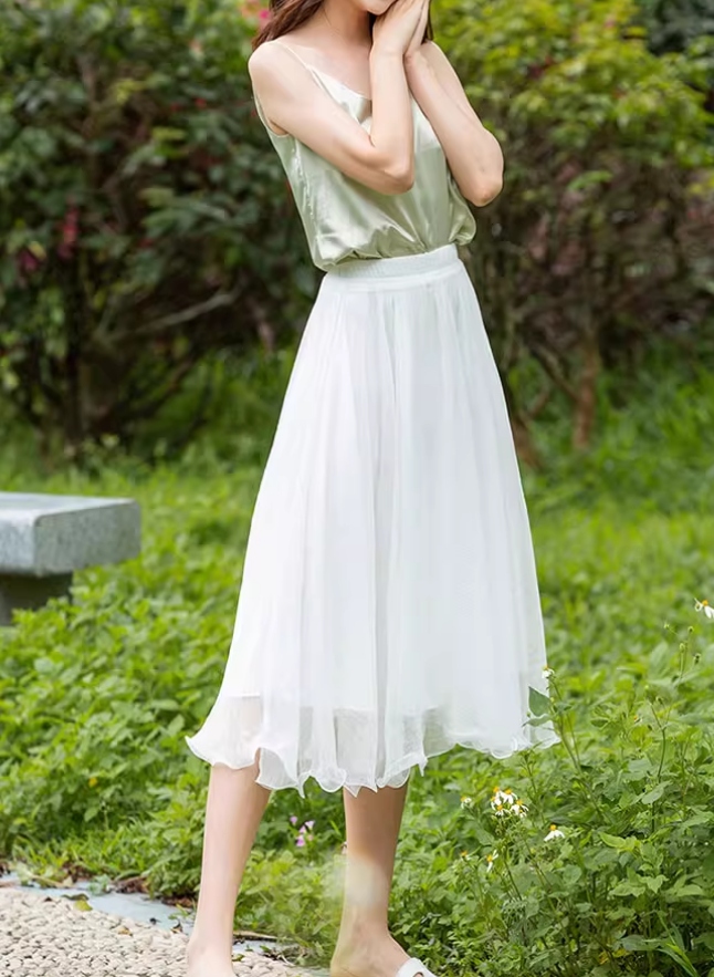 A line elastic waist summer chiffon skirt 6187- white