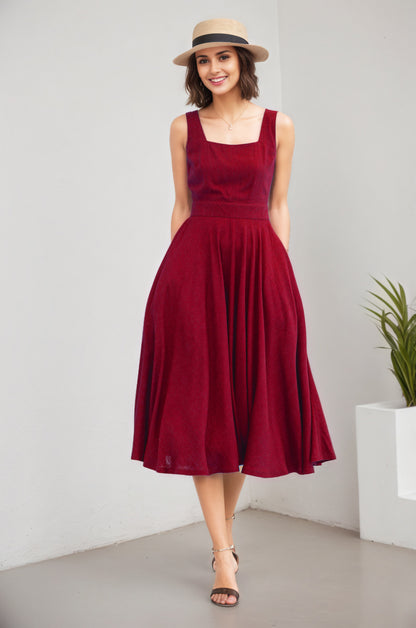 Wine Linen Cotton Midi Dress - Square Neck A-Line | Xiaolizi 6072