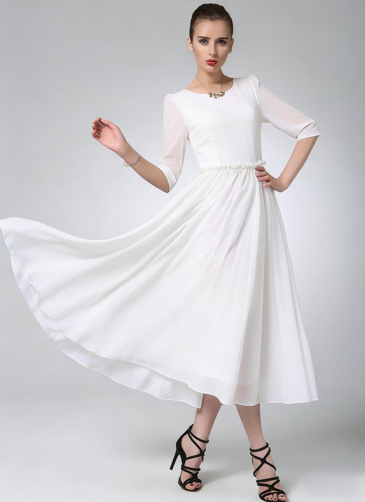 Blue Chiffon Midi Dress – Ruffle Waist Elegance | Xiaolizi 6783
